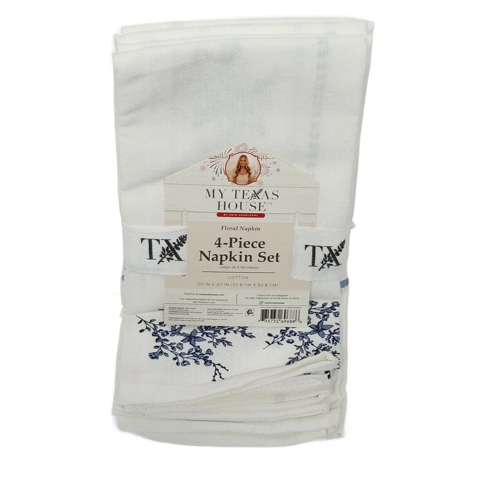 My Texas House Floral Napkin Set 4-Piece White Blue Cotton 20x20 Dinner Napkins